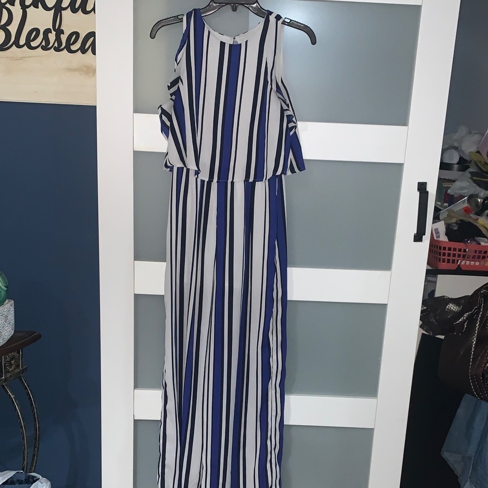 Le Lis Blue and White Striped Pants romper